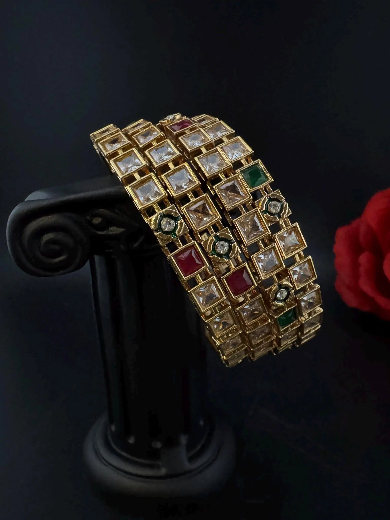 Set of 4 Matt Gold and multicolor stones in Amrapali inspired bangles set