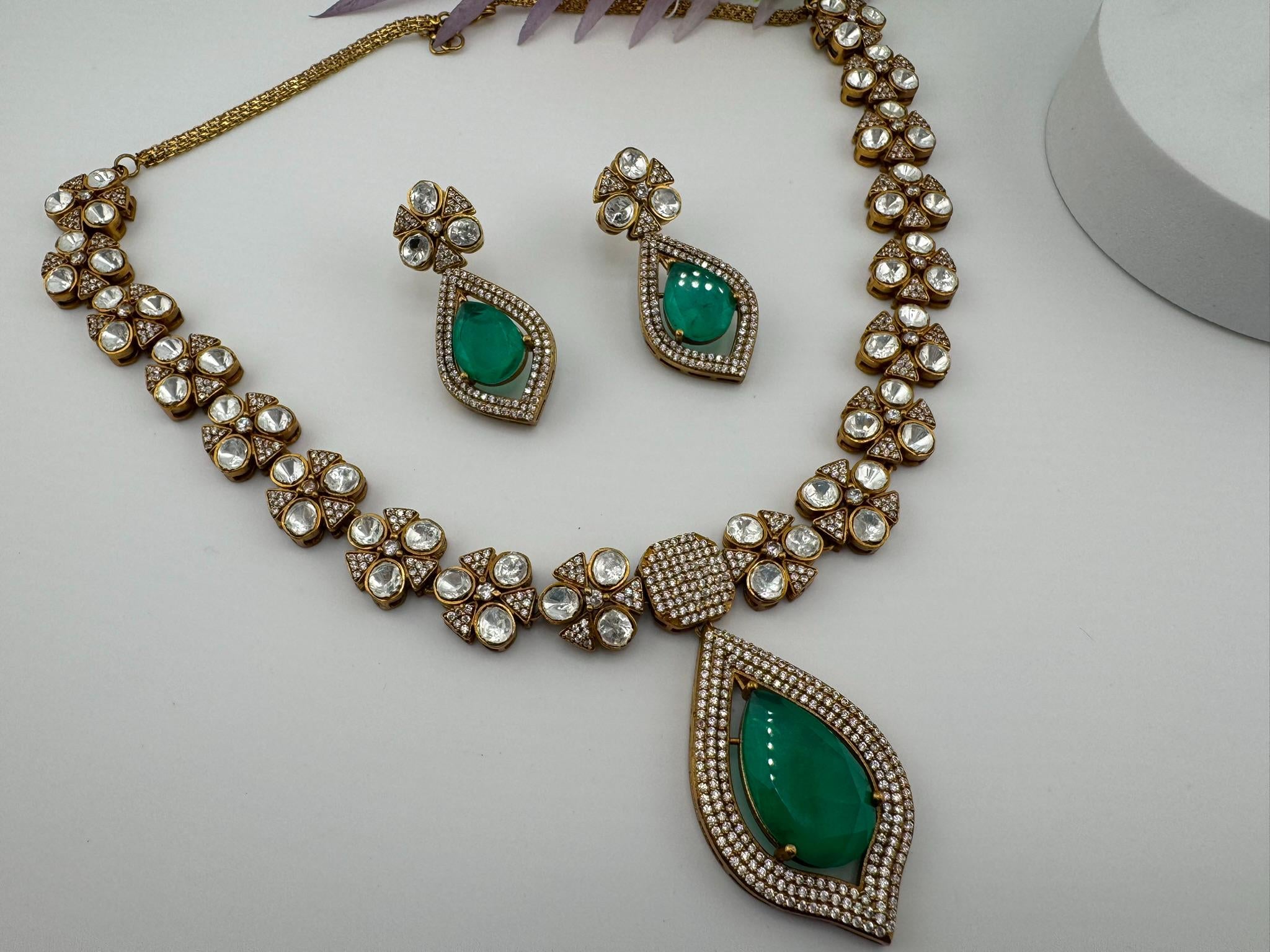 Polki Premium Moissanite Kundan, CZ, Turquoise Doublet Stone Long Necklace set with earrings