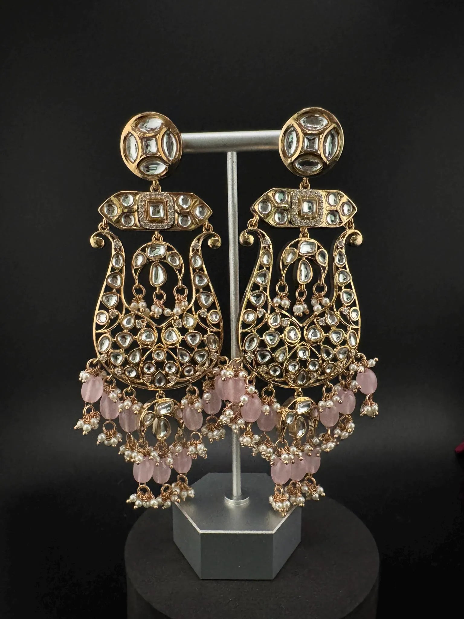 Tyaani inspired Premium Uncut Kundan, Pink Pearls, CZ designer earrings/Long Chandelier earrings
