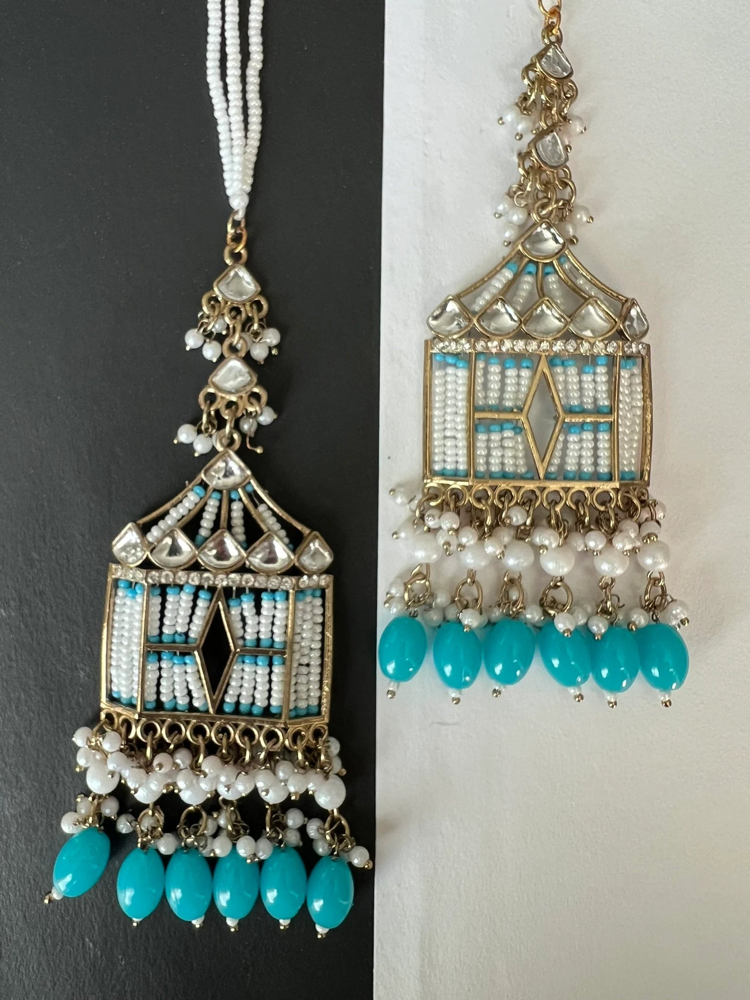 Blue Doli Chandbali Earrings with Ear Supporting Chain with Kundan, CZ and pearls