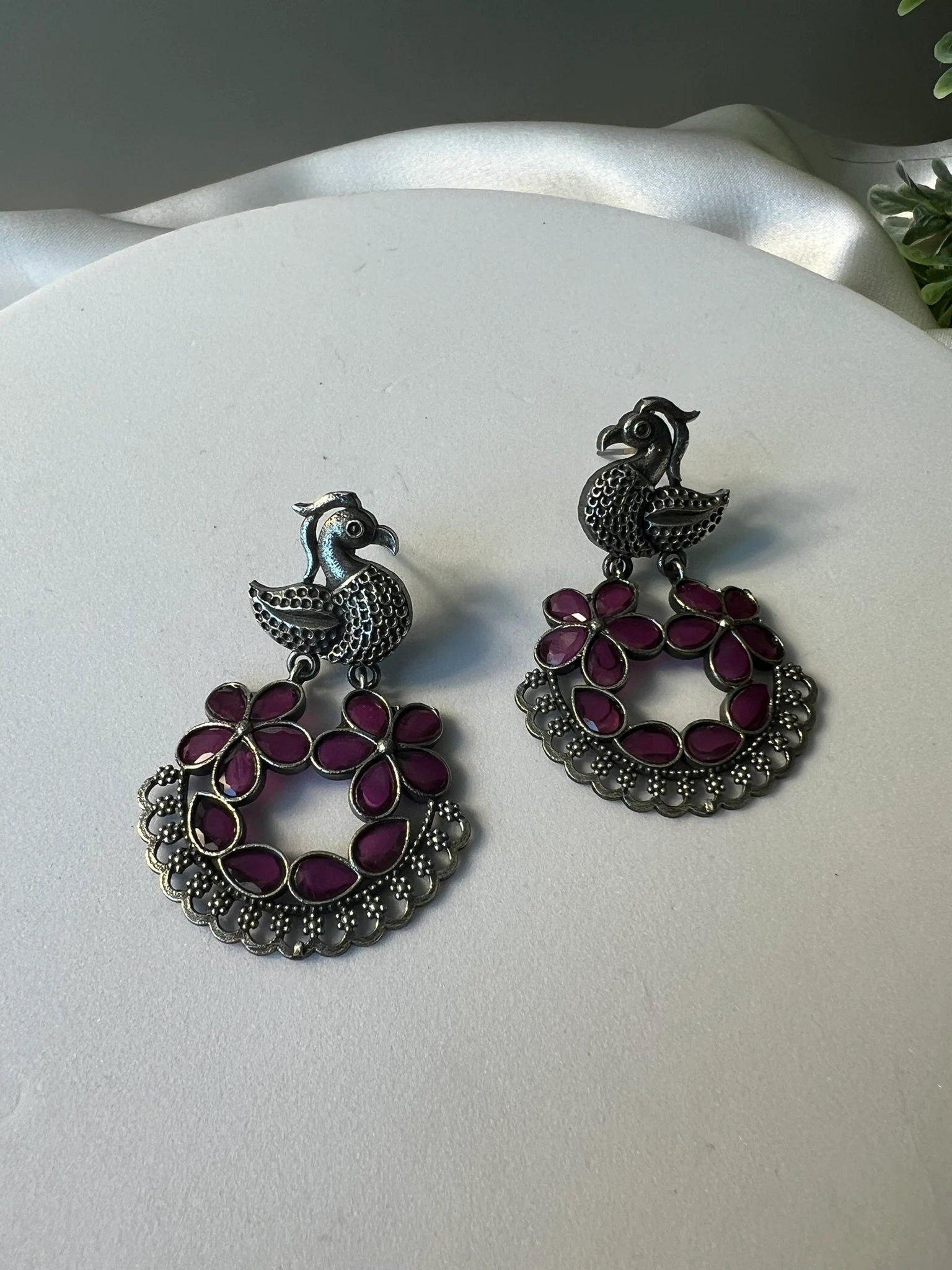 Pink Oxidized German Silver peacock Chandbali Earrings with stones