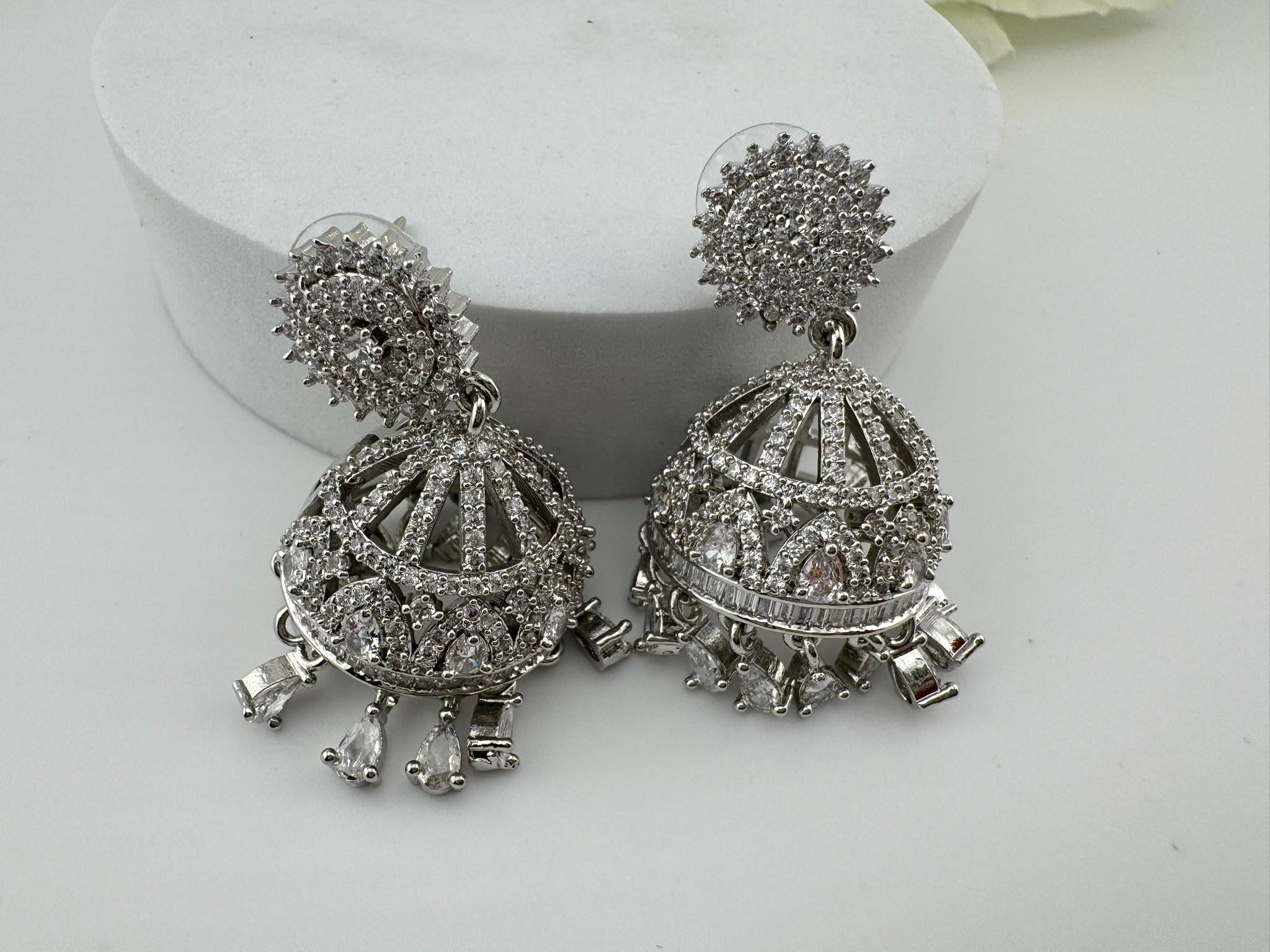 Silver polish Premium Jhumka in Cubic Zirconia Jhumki