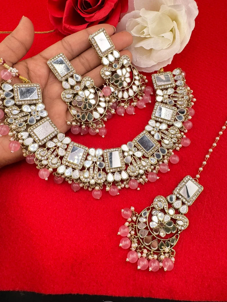 Mirror and pink pearls Necklace set with long earring and Tika