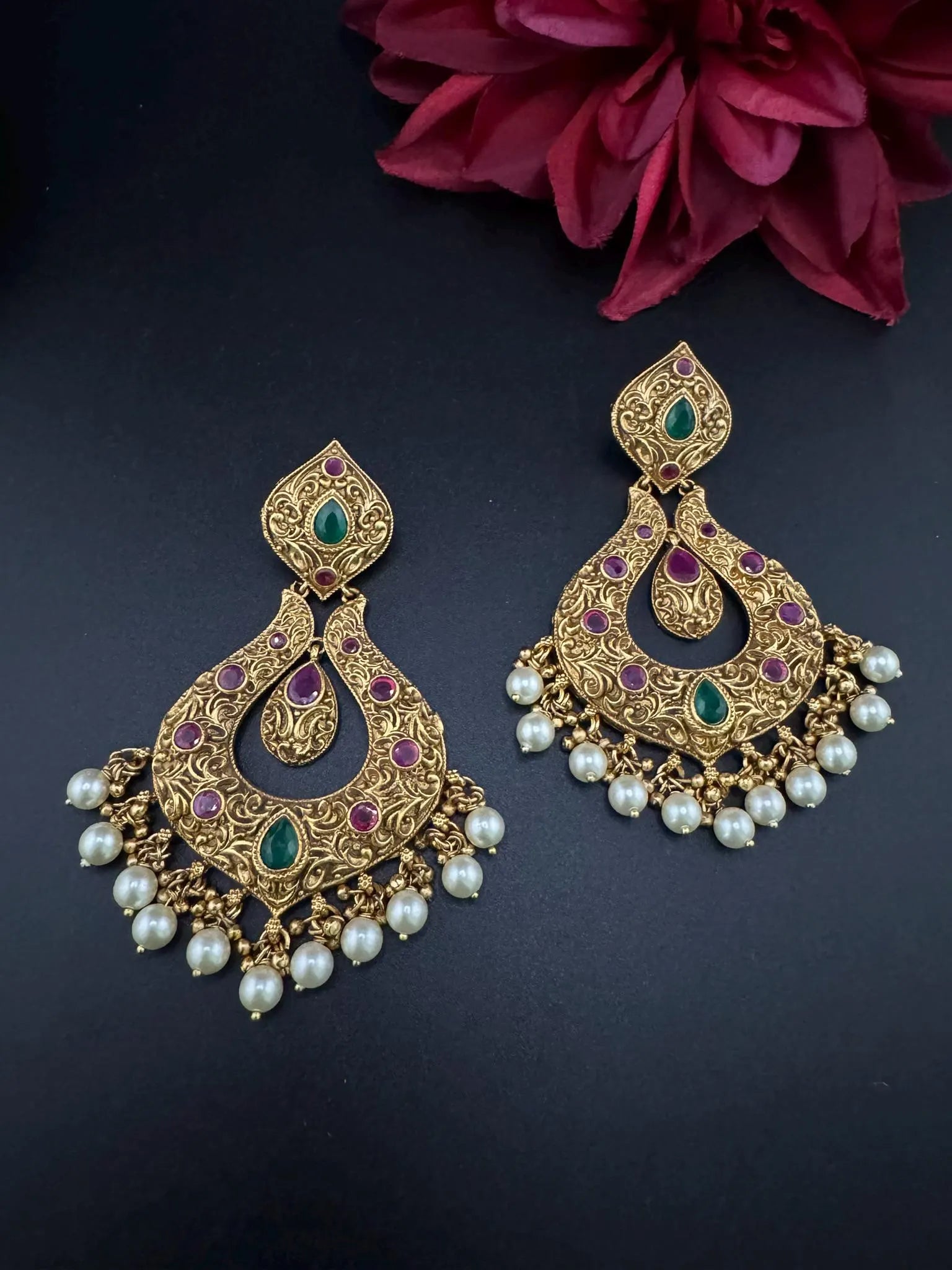 Amrapali inspired Premium Ruby and Green Pachi kundan Chand Bali in Matt Gold and Pearls designer Chandelier