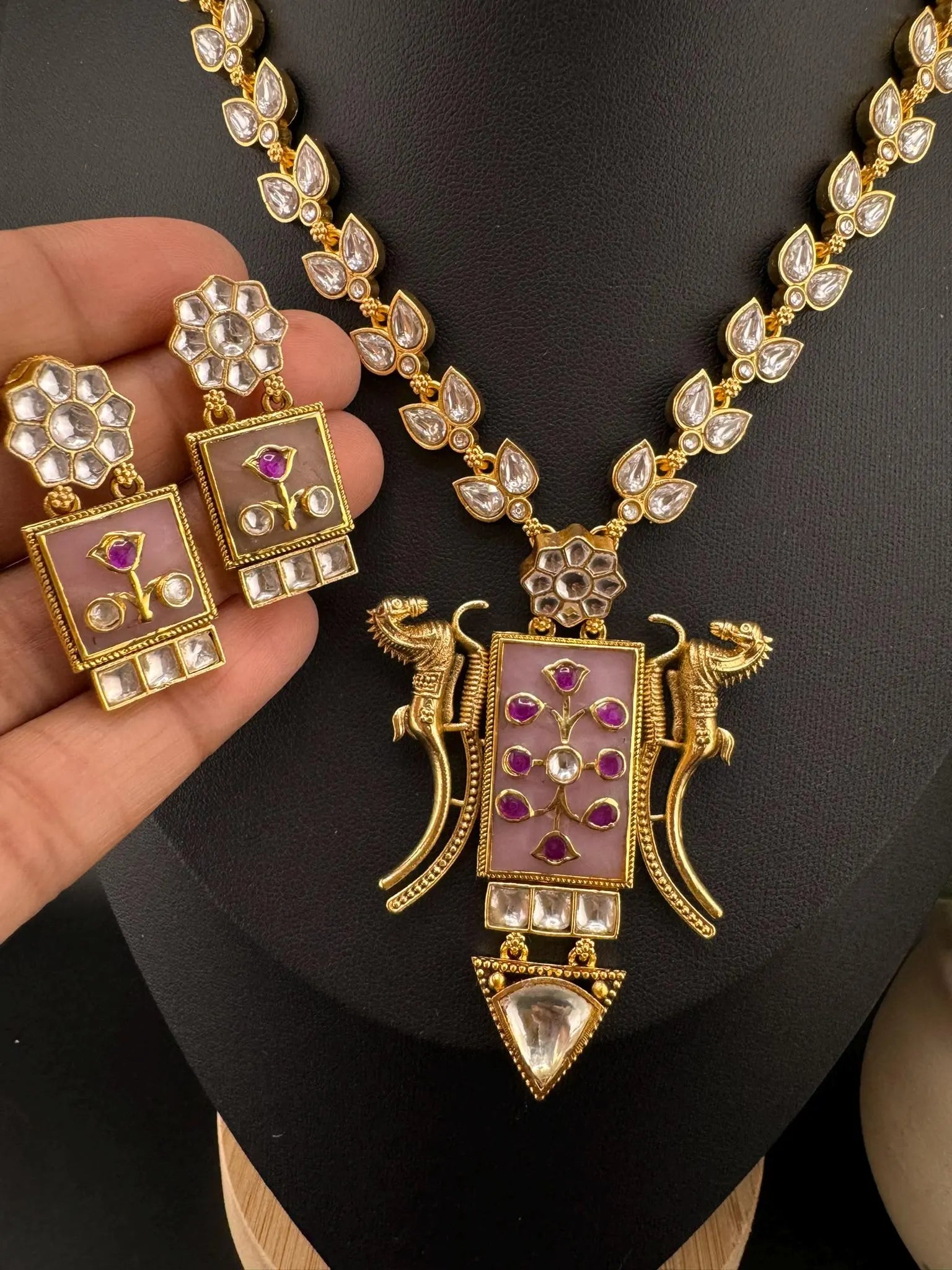 Pink Amrapali Inspired, Premium Quality Inlay work on natural stone long Necklace set