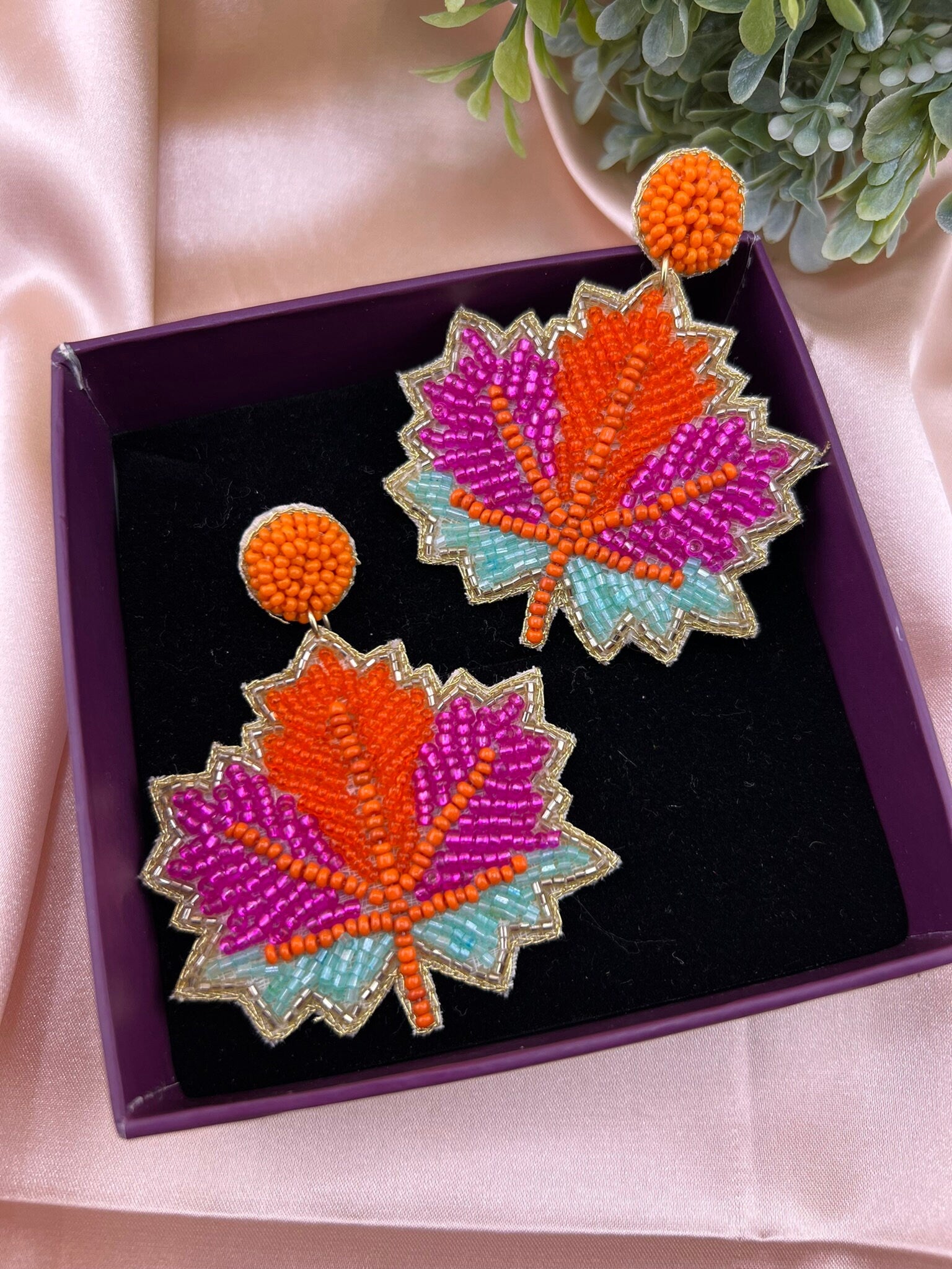 Maple leaf Multicolor Beaded earrings, Quirky Handmade earrings