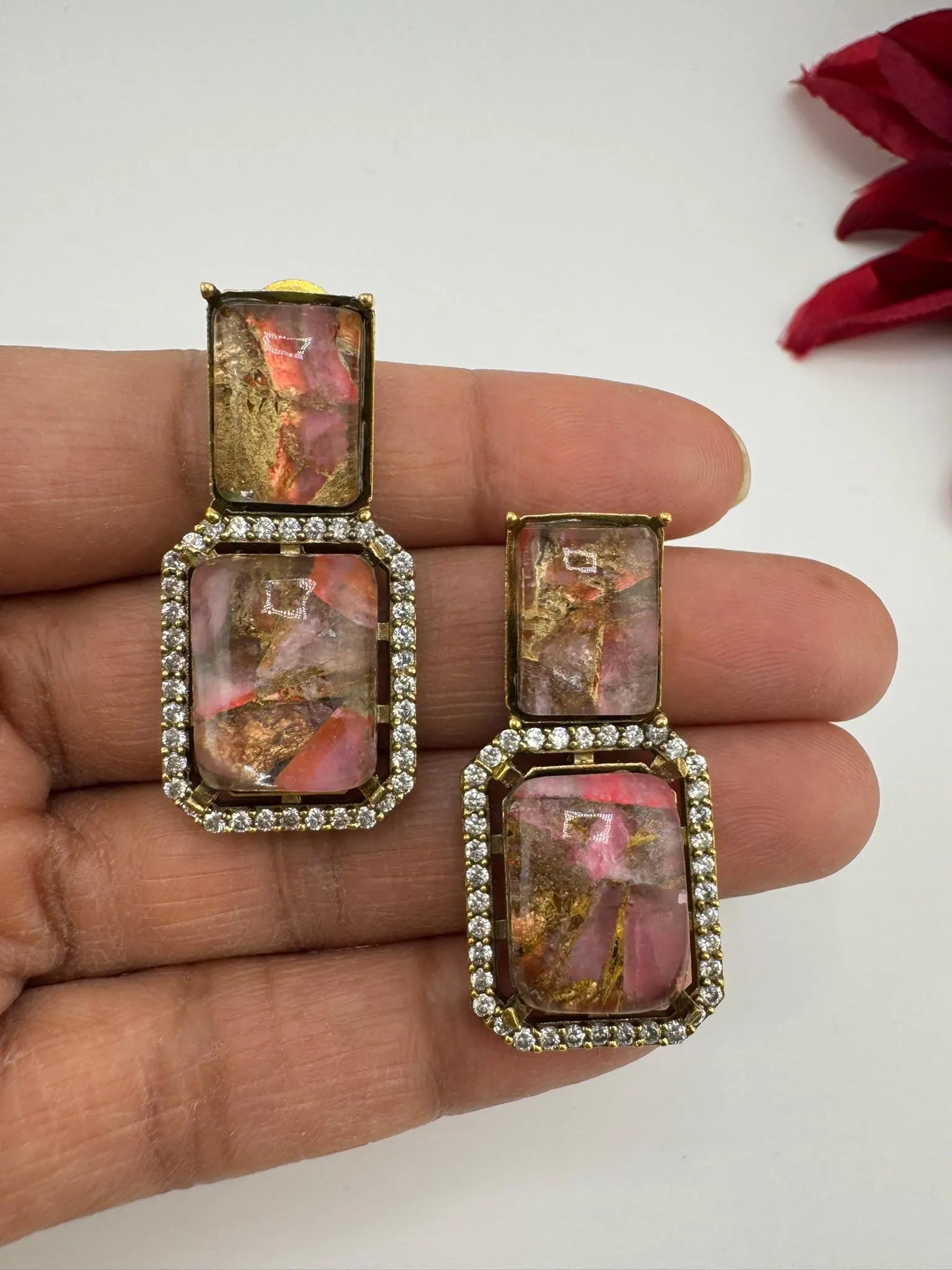 Premium Doublet Marble stone and Cubic Zirconia designer Drop earrings