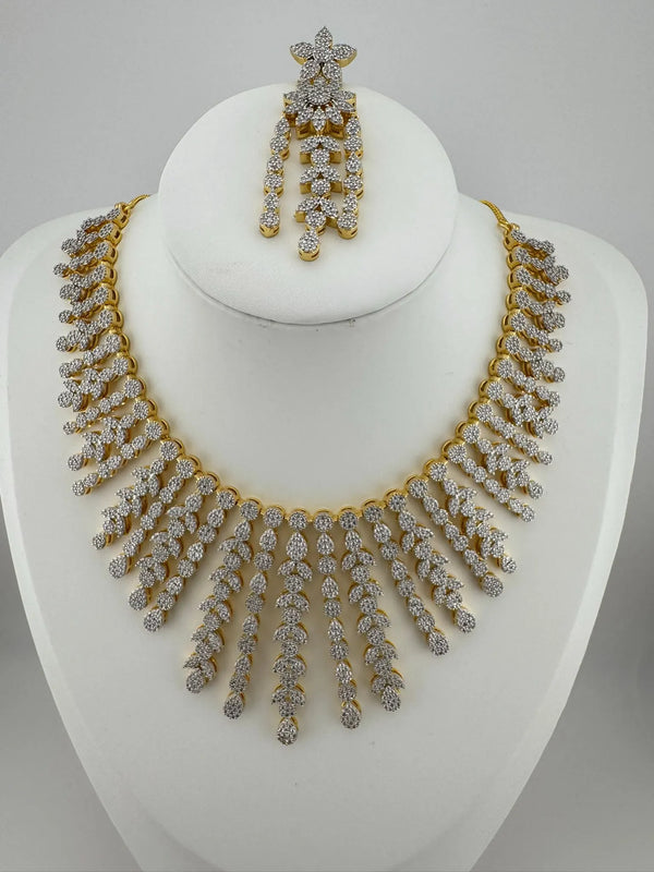 Premium American Diamond, Cubic Zirconia Bridal Collar Necklace with long earrings