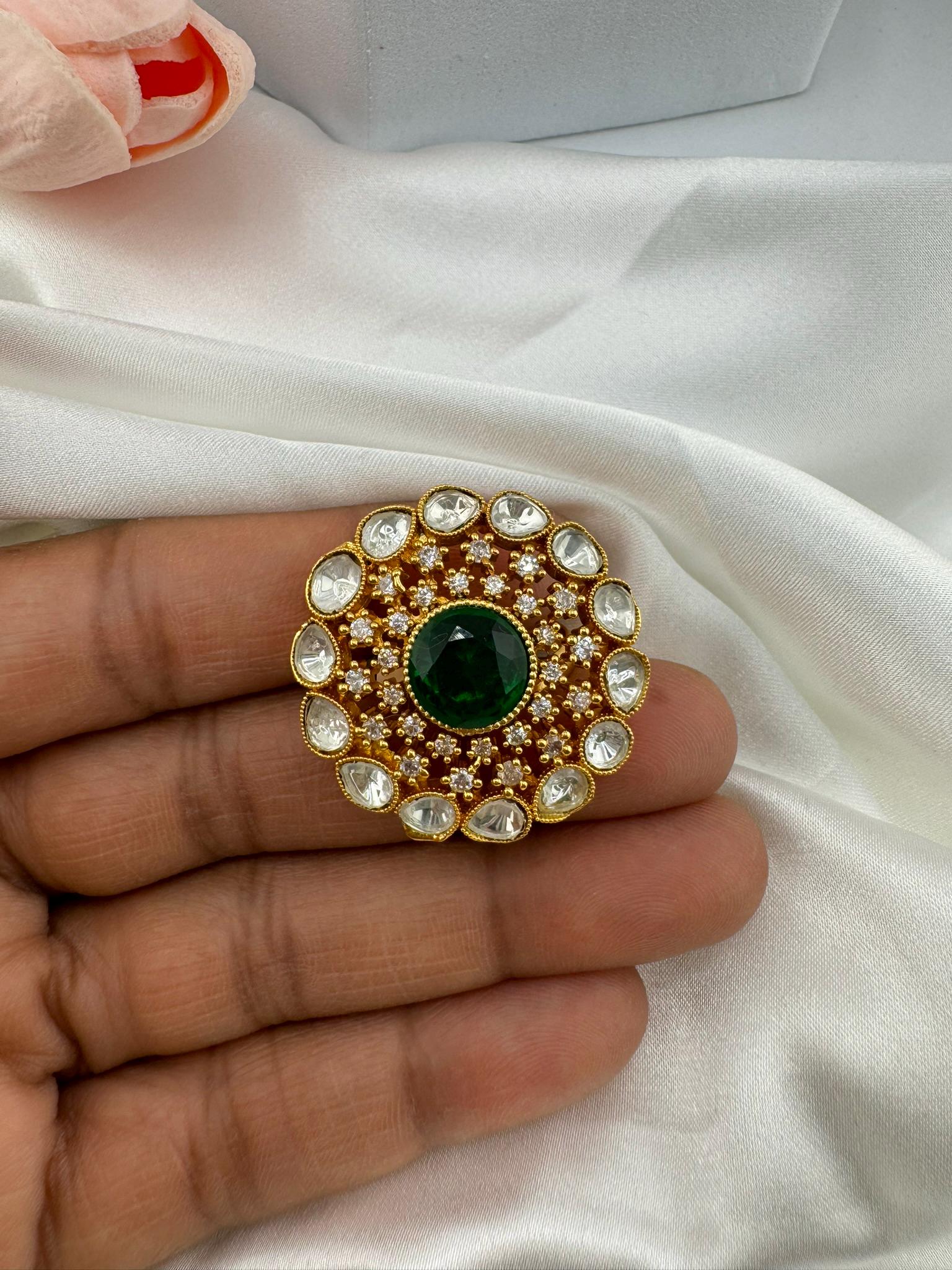 Adjustable Premium Big Finger Ring with Moissanite Kundan and Cubic Zirconia