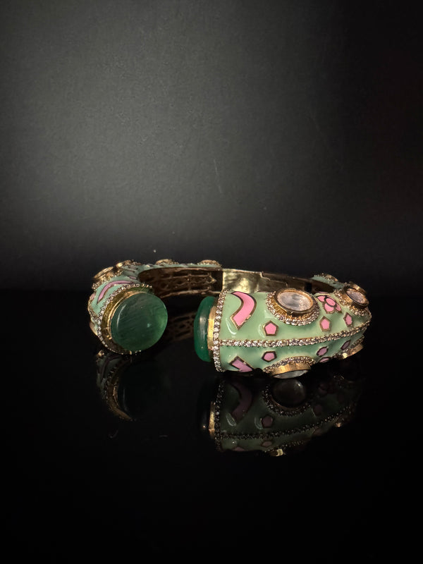 Moissanite Kundan, Enamel, CZ Adjustable Bracelet Bangle Kada, Gold Polish Designer Bangle