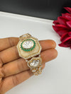 Moissanite Kundan, MOP, CZ Adjustable Bracelet Bangle, Gold Polish (Fits size 2.6")