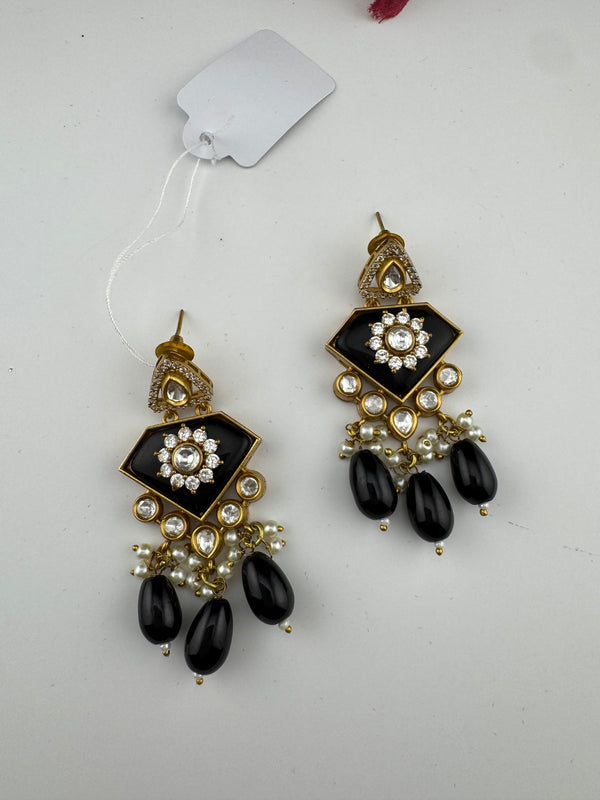 Gold Kundan, CZ, Stone, Pearls Chandelier Drop Earrings, Bridal Designer jewelry