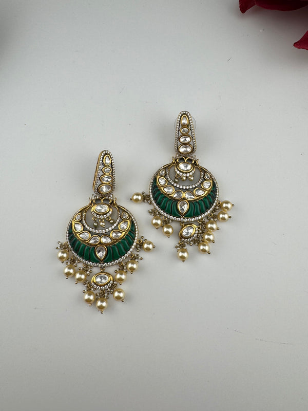 Green and Gold, pacchi Kundan, Pearls Chandelier Long Earrings, Bridal, Moissanite, CZ, Designer jewelry