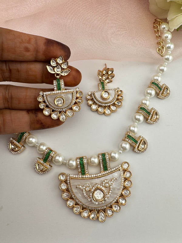 Kundan, Moissanite, MOP, CZ Flexible Gold necklace set, Indian Bridal Jewelry