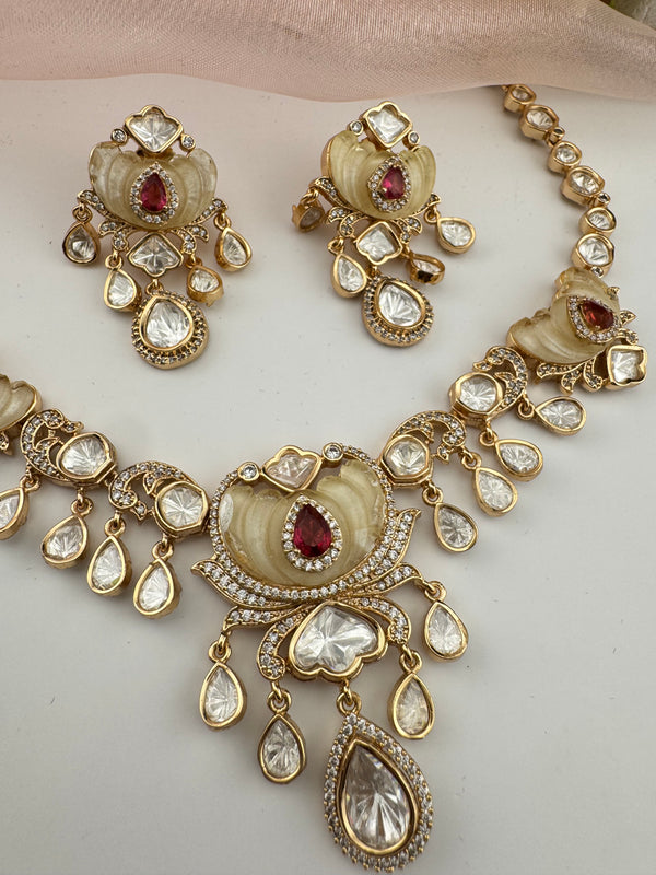 Kundan, Moissanite, MOP, CZ Flexible Gold necklace set, Indian Bridal Jewelry