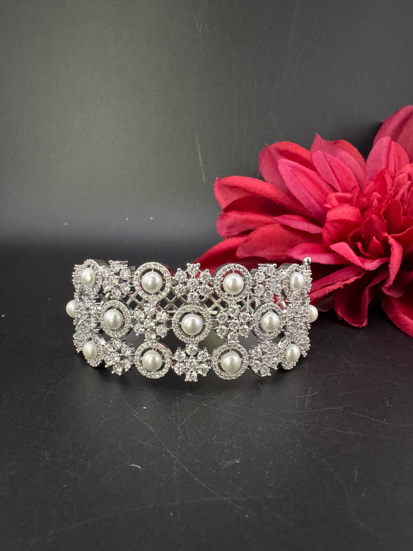 Openable Designer bracelet with Pearls, crystal stones, CZ Nano setting, Fits size upto 2.6"