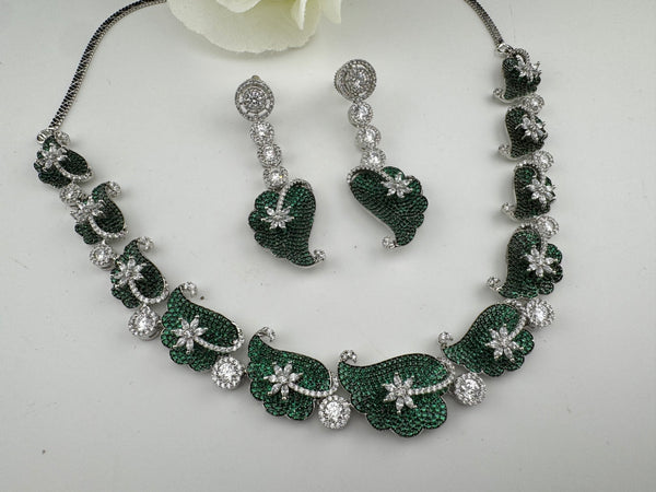 Nano Setting CZ Diamond Statement Green Necklace Set, White Gold Plated Choker, nature inspired
