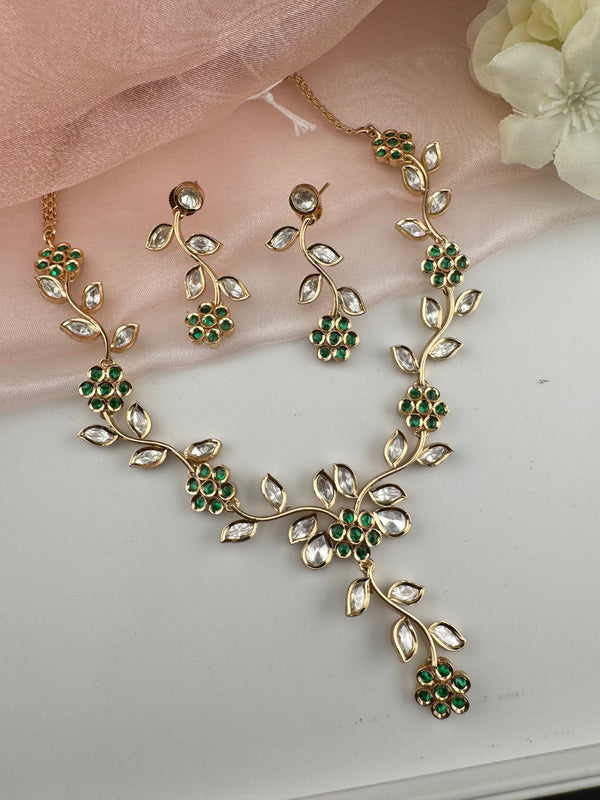 Kundan, Moissanite, stone Sleek Gold flower long necklace set, Indian Bridal Jewelry