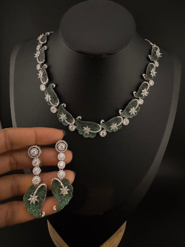 Nano Setting CZ Diamond Statement Green Necklace Set, White Gold Plated Choker, nature inspired
