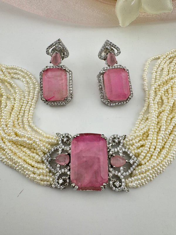 Small Pearls, CZ, Doublet Stones Choker necklace set, Indian Bridal Jewelry, chic set