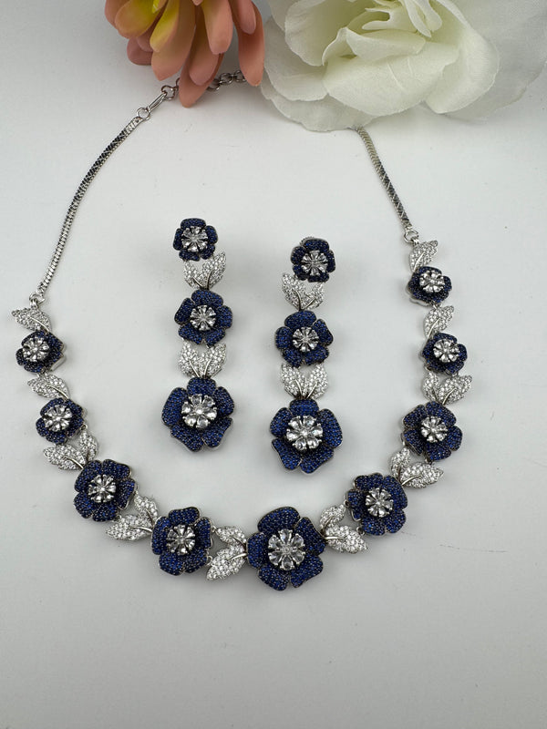 Nano Setting CZ Diamond Statement Necklace Set, White Gold Plated Choker set, nature inspired