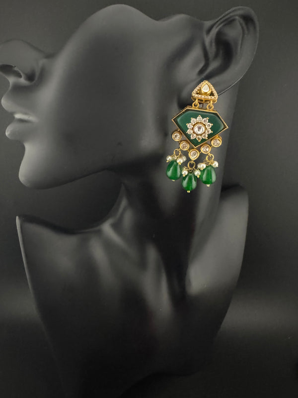 Gold Kundan, CZ, Stone, Pearls Chandelier Drop Earrings, Bridal Designer jewelry