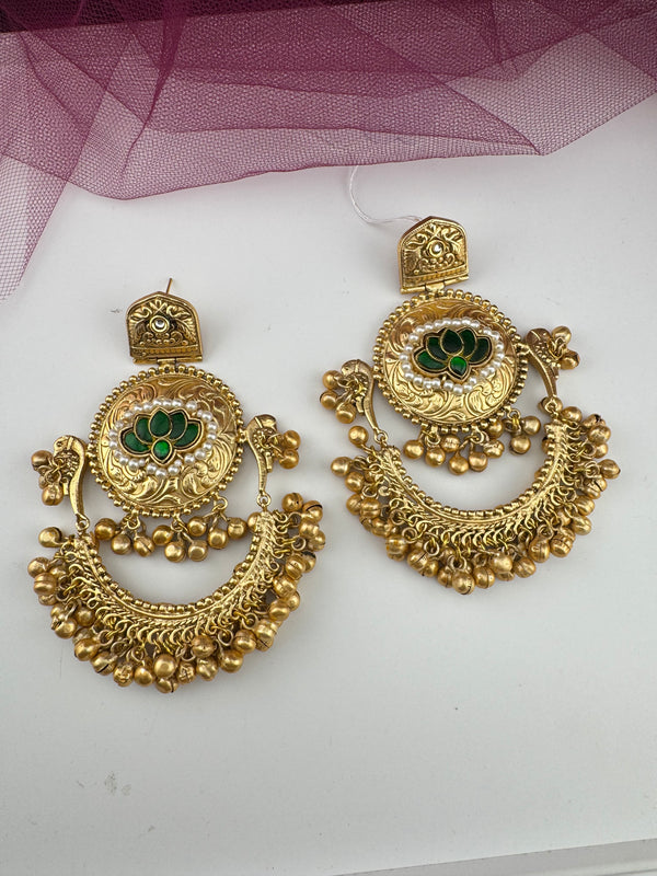 Kashmiri style, brass, stone and pearls chandbali oversized earrings, Indian Jewelry