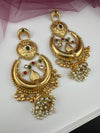 Kashmiri style, brass, stone and pearls chandbali oversized earrings, Indian Jewelry
