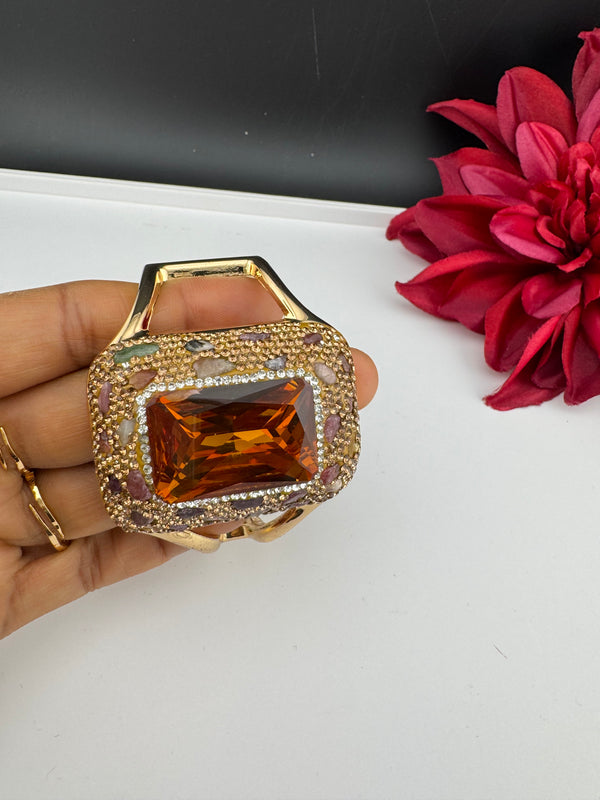 Turkish Jewelry, Crystal, CZ, Stones Oversized Cuff Bracelet Bangle, Gold Polish (Fits 2.6" Diameter)