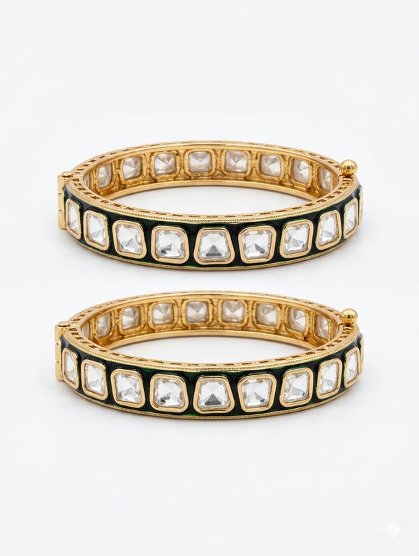 Enamel, Moissanite Kundan, Openable Bracelet Bangle set of 2, Gold Polish