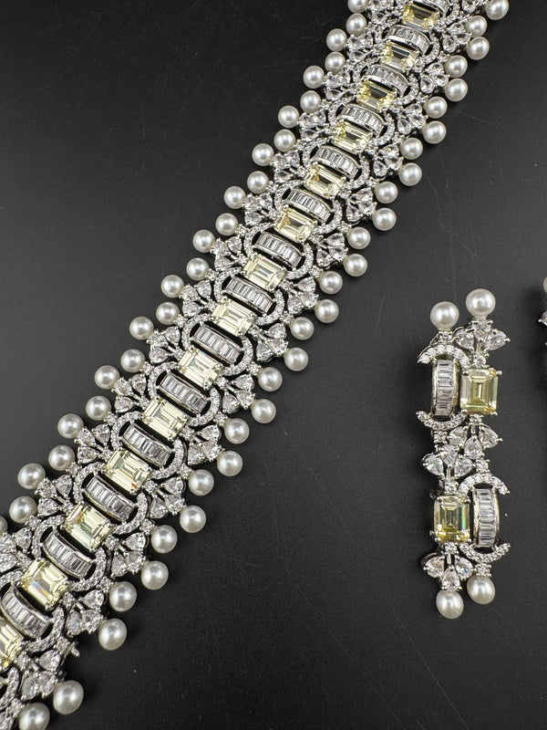 Step cut Crystals and CZ Diamond Statement Necklace Set, White Gold Plated Choker set