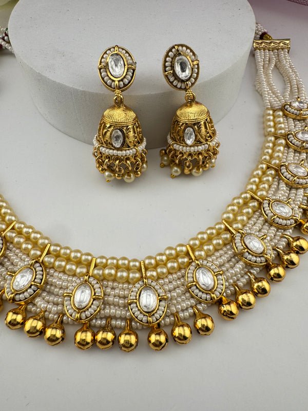 Rajwadi kundan Pearls Gold necklace set with jhumka, Indian Bridal Jewelry set