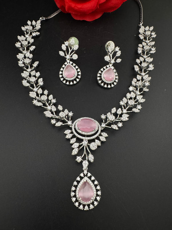 Crystal, Nano Setting CZ Diamond Statement Necklace Set, White Gold Plated Choker, nature inspired