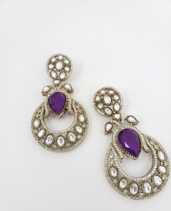 Gold with Doublet stone, kundan, cubic zirconia chandbali Drop Long earrings, Indian Jewelry