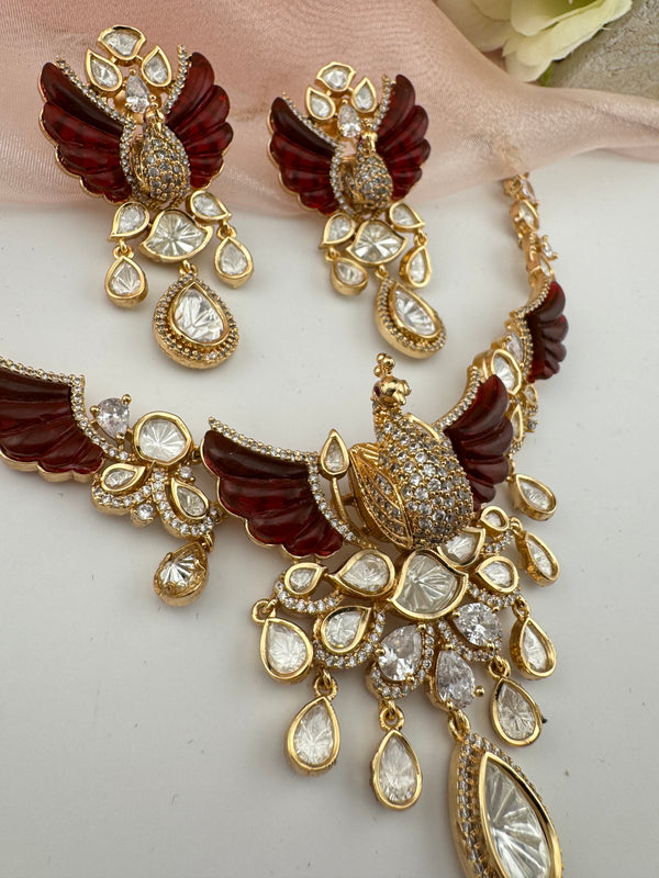 Kundan, Moissanite, Red MOP, CZ Flexible Peacock Gold necklace set, Indian Bridal Jewelry