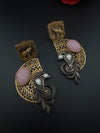 Antique Gold, Oxidized, Carved Stones Chandbali Dangle Earrings, Amrapali inspired Designer jewelry