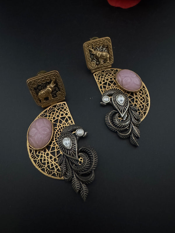 Antique Gold, Oxidized, Carved Stones Chandbali Dangle Earrings, Amrapali inspired Designer jewelry