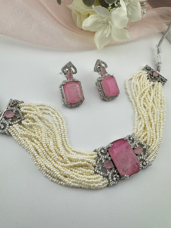 Small Pearls, CZ, Doublet Stones Choker necklace set, Indian Bridal Jewelry, chic set