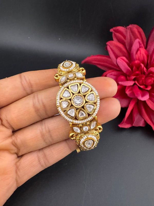 Moissanite Kundan, Pearl, CZ Designer Bracelet Bangle, Matt Gold Polish (Fits upto 2.6" Wrist)