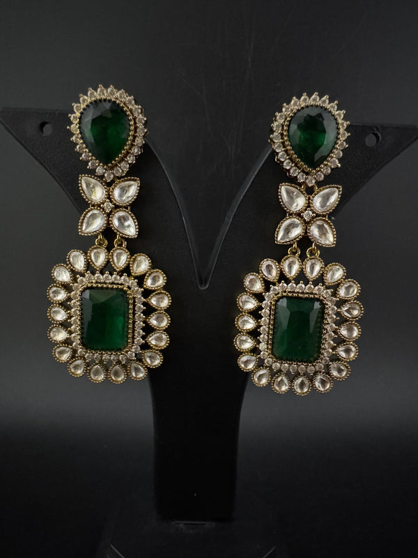 Green and Gold Kundan, Stone Chandelier Drop Earrings, Bridal, Moissanite, CZ, Designer jewelry