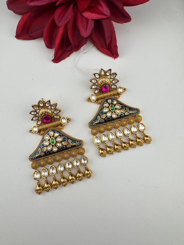 Amrapali inspired Matt Gold, kundan, Enamel, Oversized ChandBali long Earrings, designer jewelry