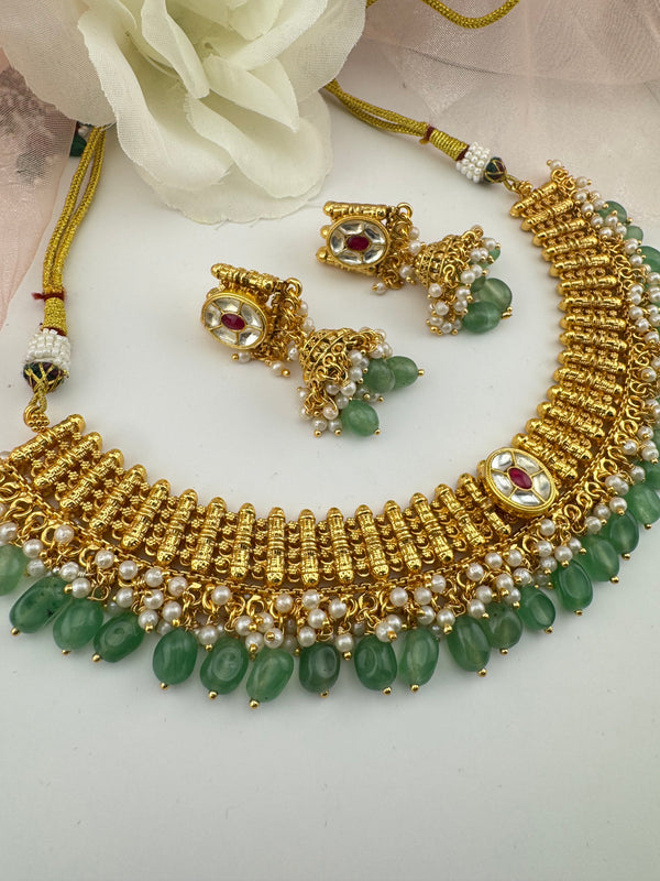 Rajwadi Gold necklace set with jhumka, in kundan and pearls, Indian Bridal Jewelry set