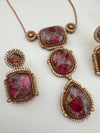 Doublet Stone Pendant Necklace Set with Matching Earrings, Brass CZ Jewelry