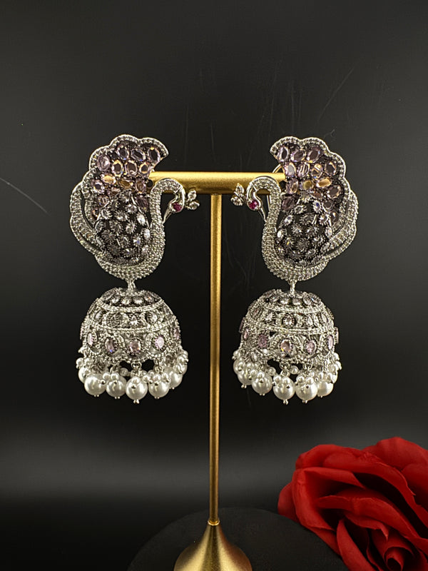 Premium Cubic Zirconia Peacock jhumka earrings is designer Inspired, Statement Long earring, Bridal, Party, Wedding jewelry, chic, Indian