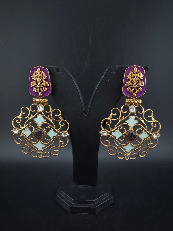 Antique Gold, Enamel, Stones Chandbali Dangle Earrings, Amrapali inspired Designer jewelry