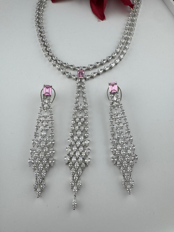 Crystals and CZ Diamond Statement double Layered Necklace Set, White Gold Plated Choker set