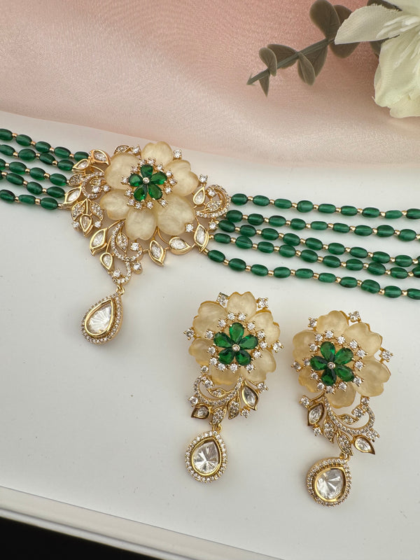 Kundan, Moissanite, MOP, CZ, Pearls Flexible Gold Choker necklace set, Indian Bridal Jewelry