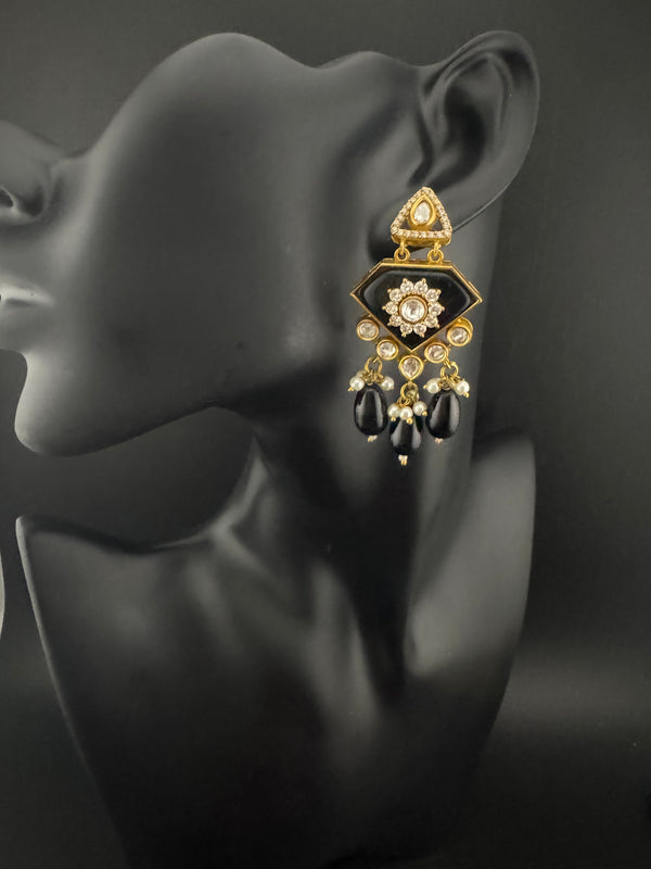 Gold Kundan, CZ, Stone, Pearls Chandelier Drop Earrings, Bridal Designer jewelry