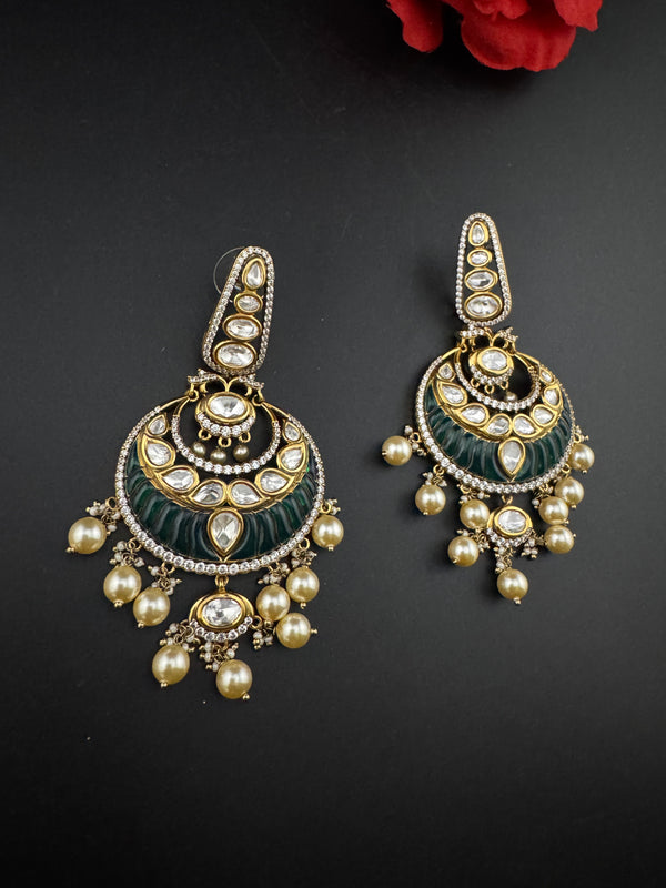 Green and Gold, pacchi Kundan, Pearls Chandelier Long Earrings, Bridal, Moissanite, CZ, Designer jewelry
