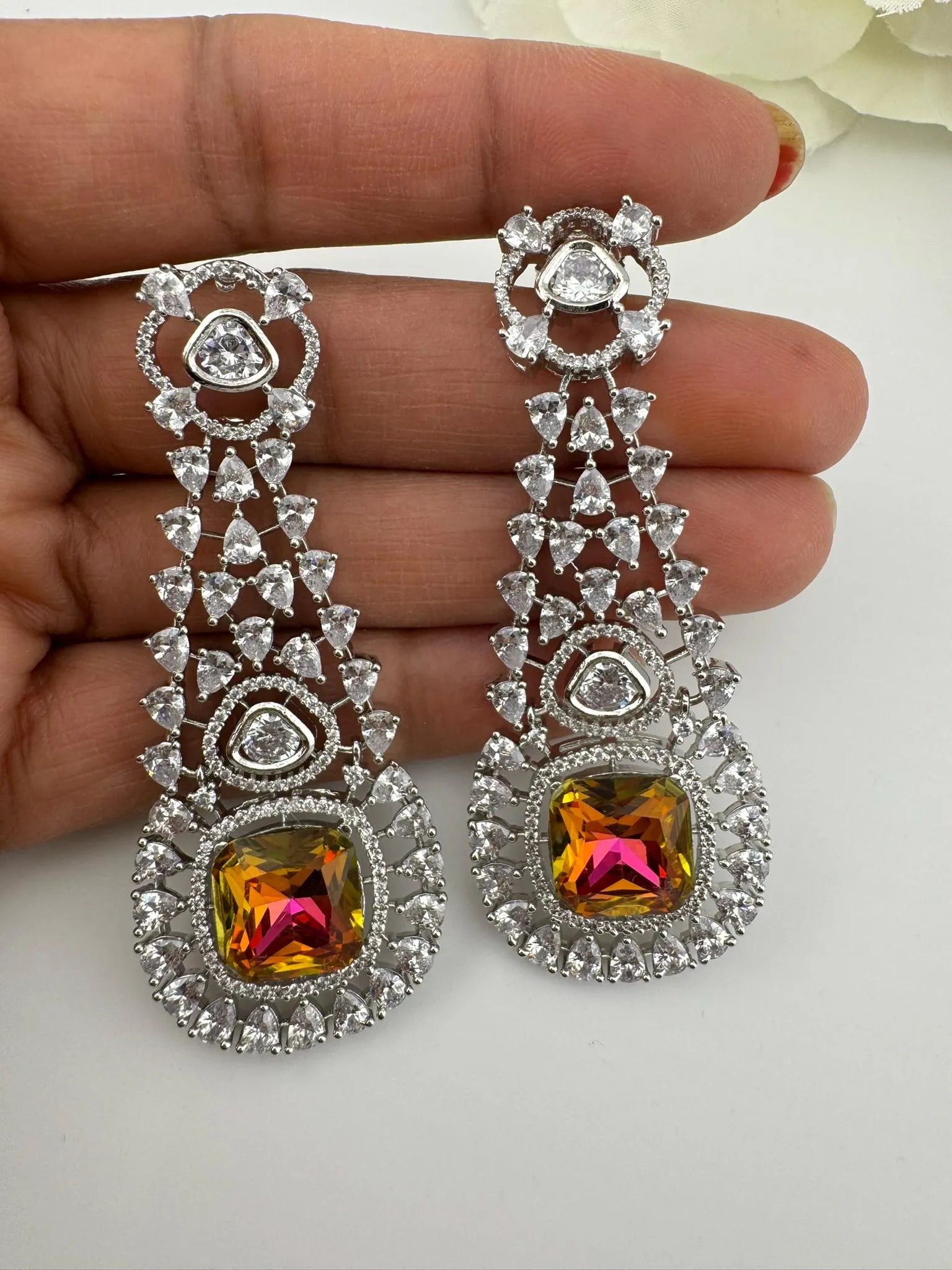 Premium Long Earring with Swarovski Crystals and Cubic Zirconia Chandelier earrings